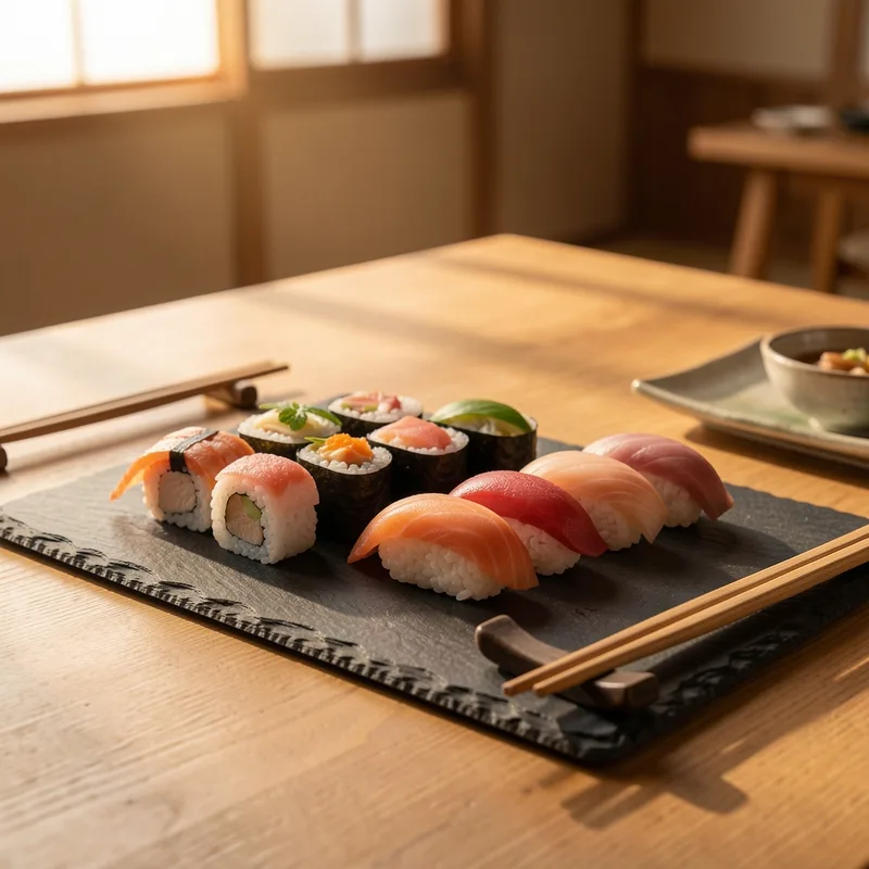 Plateau de sushis et makis disposés sur une table en bois avec baguettes et sauce soja